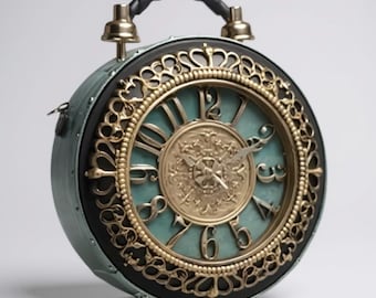 Retro Clock Handbag Bluish Green & Rustic Gold, Shoulder Strap vintage