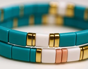 Pulsera elástica con cuentas Miyuki Tila: Pulsera impermeable con diseño de azulejos de vidrio.