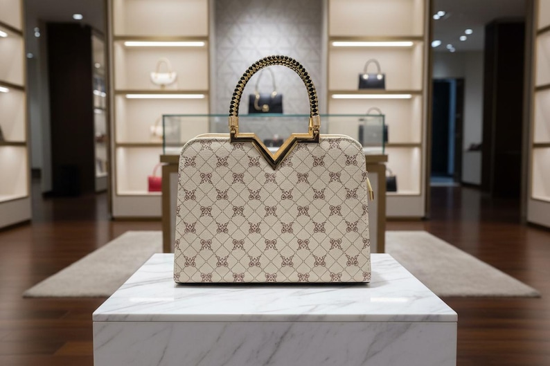 May include: A cream-colored handbag with a repeating brown pattern, gold-toned hardware, and a braided handle. The bag is displayed on a white marble surface in a well-lit boutique setting, showcasing other handbags in the background.