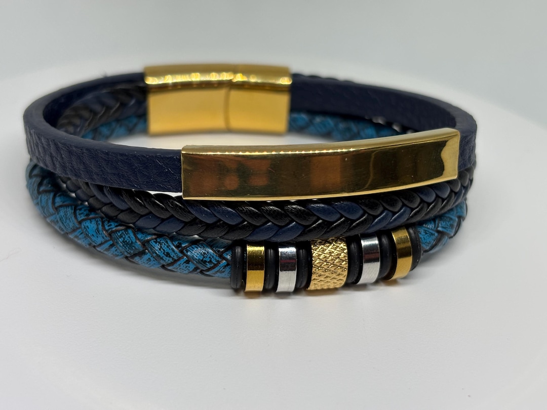 Rope Bracelet | Men's Black | Blue and Gold Faux Leather