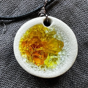Handmade Ceramic Sunburst Pendant: Melted Yellow Orange Glass Boho Necklace