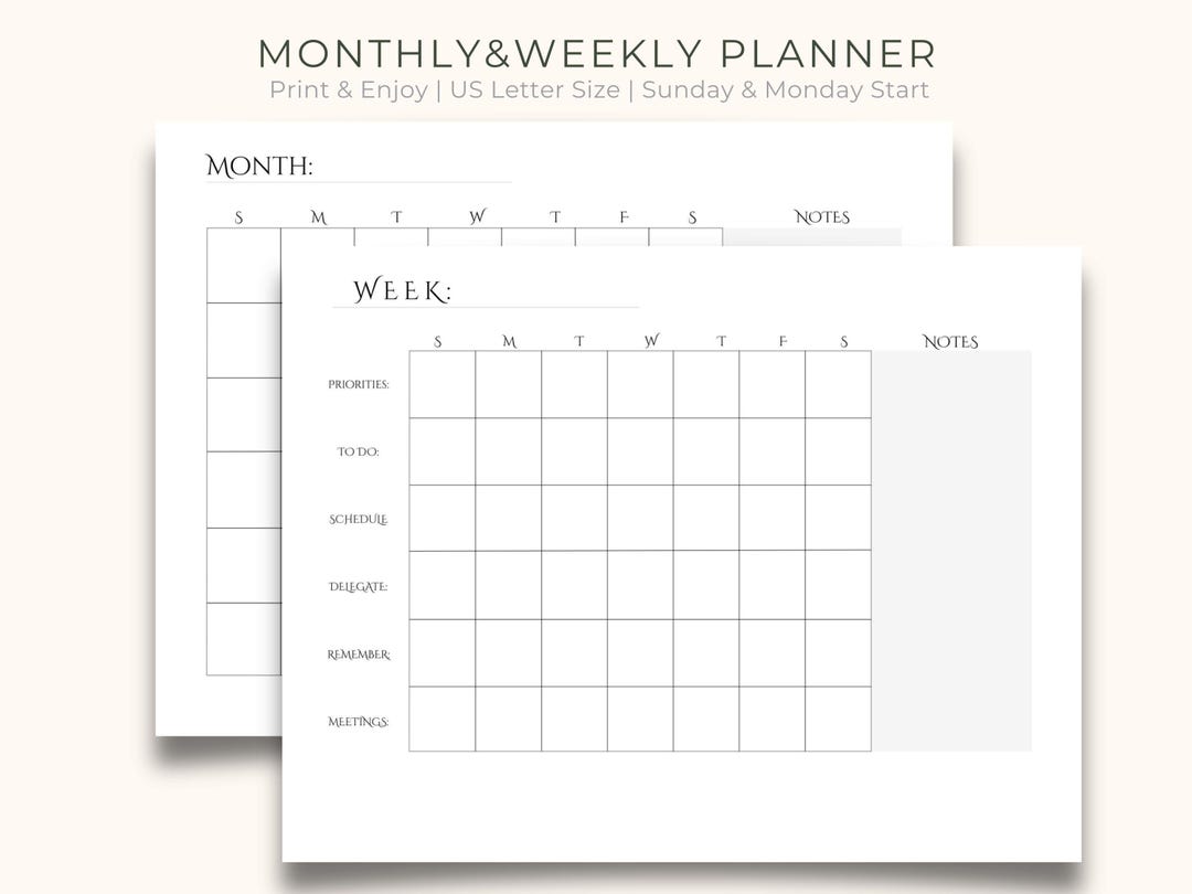 Printable Monthly and Weekly Planner, Undated Minimalist, PDF, US ...