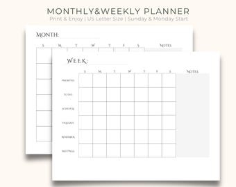 May include: A printable monthly and weekly planner with sections for notes, priorities, to do, schedule, delegate, remember, and meetings. The planner is designed for a US letter size paper and uses a Sunday and Monday start.