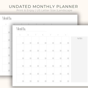 Printable Monthly Planner, Undated Minimalist PDF US Letter Digital Download, Clean Simple Design Notes Calendar Planner Page Print