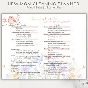 May include: A printable cleaning planner for new moms with a pink and white floral design. The planner includes a checklist for daily, weekly, and monthly tasks. The text "Done is better than perfect" is featured in a pink box.
