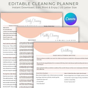 May include: Editable cleaning planner with daily, monthly, and decluttering routines. The planner is designed in a soft peach and white colour scheme, with the word "Canva" in a blue and purple circle. The planner is US Letter size.