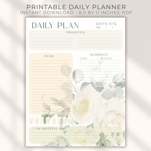 Planejador diário para impressão, lista de tarefas, prioridades, cronograma, carta dos EUA em PDF, download instantâneo, rastreador de ingestão de água, campo de gratidão, floral