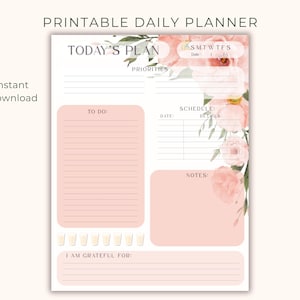 Planificador diario imprimible con diseño floral, lista de tareas para hoy, prioridades, horario, carta de EE. UU. en PDF, descarga, diseño minimalista, registro de consumo de agua