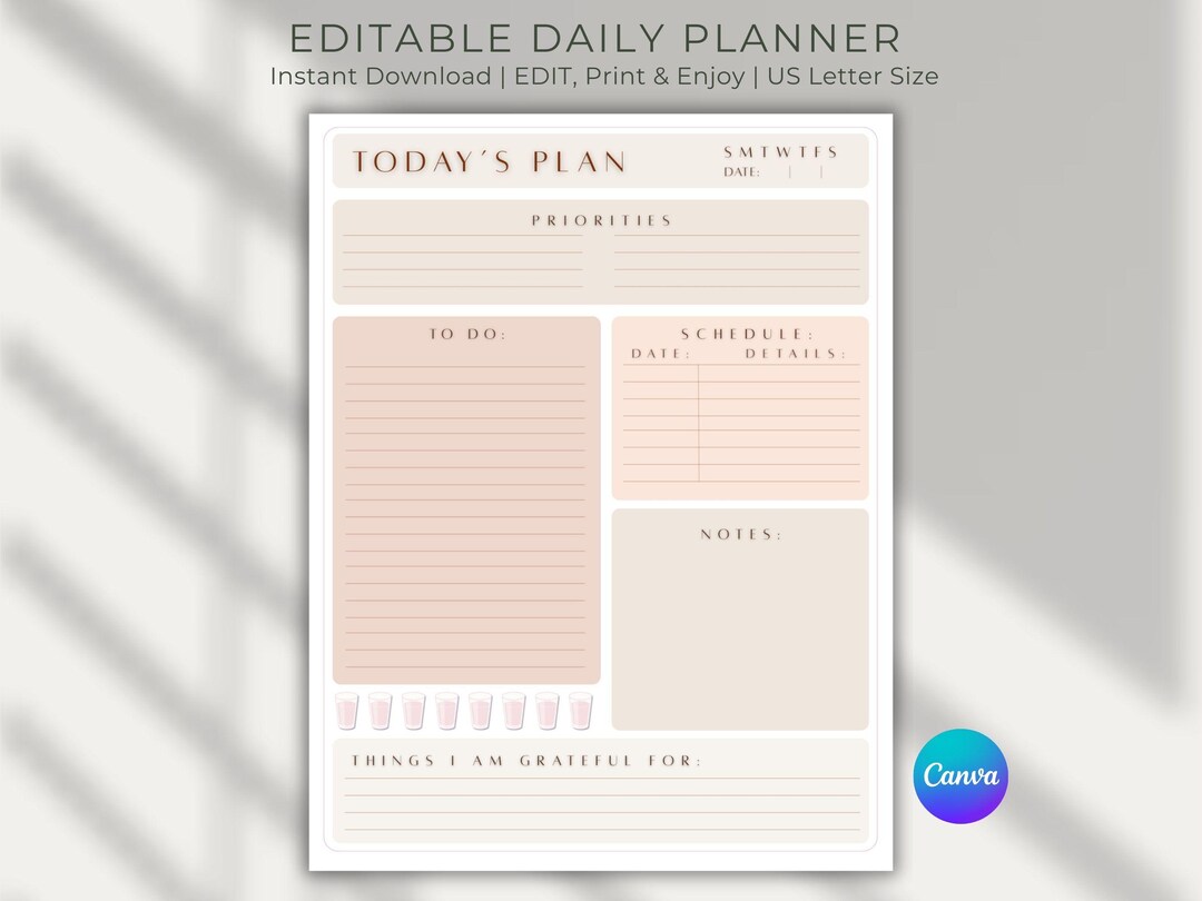 EDITABLE Daily Planner, Printable & Editable Canva Template, PDF US ...