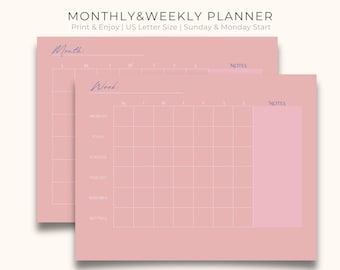 May include: A pink printable monthly and weekly planner with a grid layout. The planner has sections for notes and is designed for US letter size paper. The text "MONTHLY&WEEKLY PLANNER" is at the top of the page. The text "Print & Enjoy | US Letter Size | Sunday & Monday Start" is below the title. The text "Month" and "Week" are written in blue cursive.