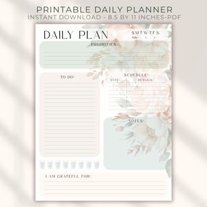 Planejador diário floral para impressão, lista de tarefas, prioridades, cronograma, carta em PDF dos EUA, download instantâneo, rastreador de ingestão de água, campo de gratidão
