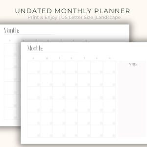 Printable Monthly Planner, Undated Minimalist PDF US Letter Digital Download, Clean Simple Design Notes Calendar Planner Page Print