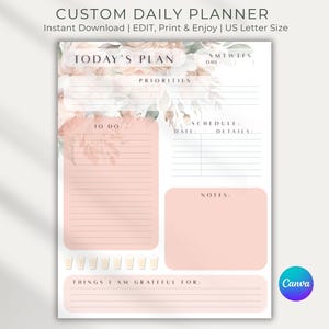 Planejador Diário Personalizado, Modelo Canva Imprimível e Editável, Carta dos EUA em PDF, Download, Design Floral, Rastreador de Ingestão de Água, Lista de Tarefas, Digital