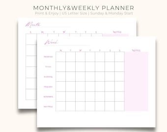May include: Two white printable planner sheets with a light purple accent. The top sheet is for monthly planning, and the bottom sheet is for weekly planning. The text on the top reads "MONTHLY & WEEKLY PLANNER". The planner is US Letter size.