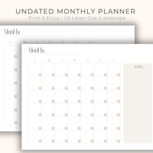 Printable Monthly Planner, Undated Minimalist PDF US Letter Digital Download, Clean Simple Design Notes Calendar Planner Page Print
