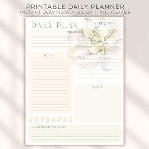 Planejador diário para impressão, lista de tarefas, prioridades, cronograma, carta dos EUA em PDF, download instantâneo, rastreador de ingestão de água, campo de gratidão, floral
