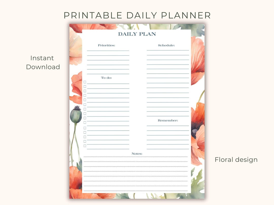 Floral Daily Planner, Printable to Do List, Priorities, Schedule, PDF ...