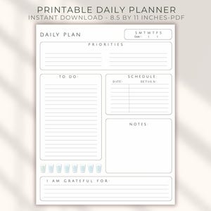 Planificador diario minimalista imprimible, lista de tareas, prioridades, horario, carta de EE. UU. en PDF, descarga instantánea, registro de consumo de agua, campo de gratitud