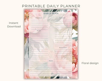 Floral Daily Planner, Printable To Do List, Priorities, Schedule, PDF US Letter Digital Download, Watercolor Peonies Design Daily Plan Page