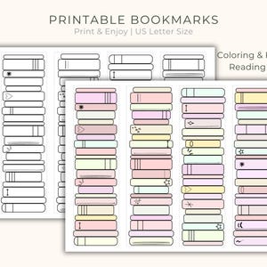 May include: Printable bookmarks with a stack of books design. The bookmarks are in black and white and have a variety of cute designs, including stars, hearts, and a lightning bolt. The bookmarks are labeled "Coloring & Fillable Reading Log".