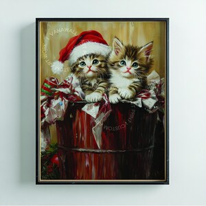 Kerstschilderij, vintage print kat kitten, afdrukbare muurkunst voor feestelijk decor, uniek vakantiecadeau voor kattenliefhebbers