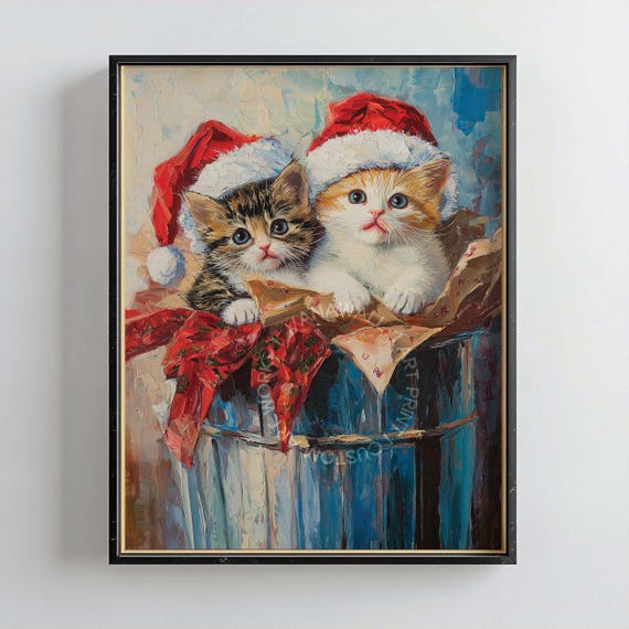 クリスマスの絵画、ヴィンテージの子猫のプリント、ホリデー