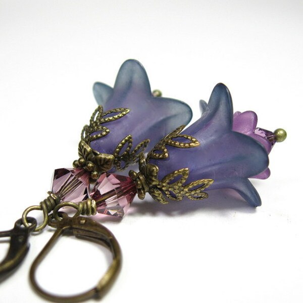 Lavender Blue, Teal, Crystal Flower Earrings