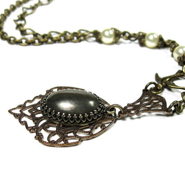 Opaque Grey Pyrite Victorian Style Pendant Necklace with Vintaj Brass and Swarovski Pearls Gemstone Cabochon Crown Setting Natural Stone