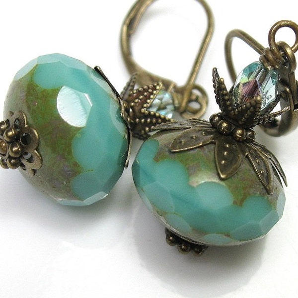 Vintage Style Jewelry, Earrings, Vintage Style Earrings, Teal, Picasso, Czech Glass, Swarovski, Antiqued Brass