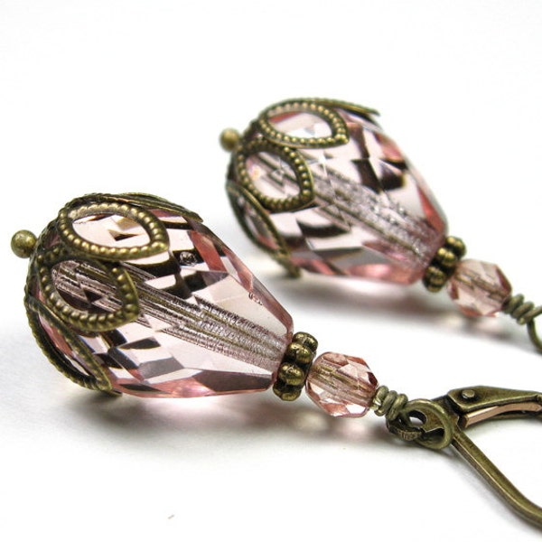 Victorian Style Dusty Rose Czech Glass Antiqued Brass Dangle Earrings, Womens Accessories, Teardrop Earrings, Bridal Jewelry, Pink, For Her
