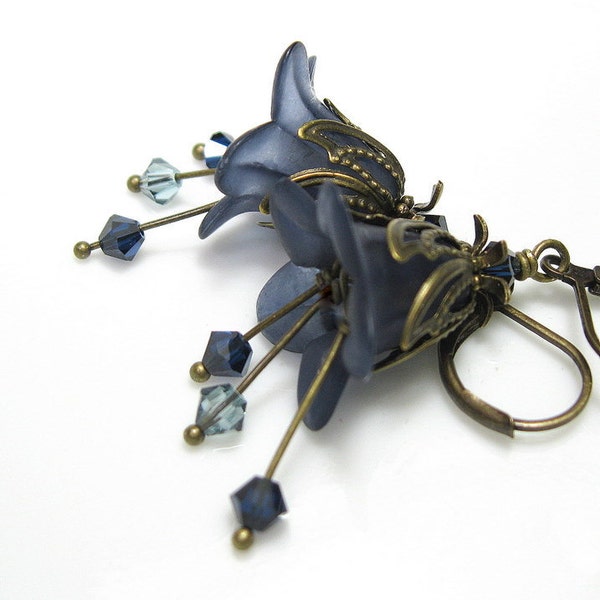 Flower Earrings, Vintage Style, Indigo Blue