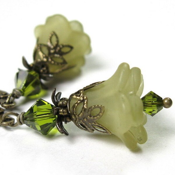 Flower Earrings, Swarovski Jewelry, Olive Green, Dangle Earrings, Antiqued Brass, Lucite Flowers, Soft and Feminine, Womens Accessories