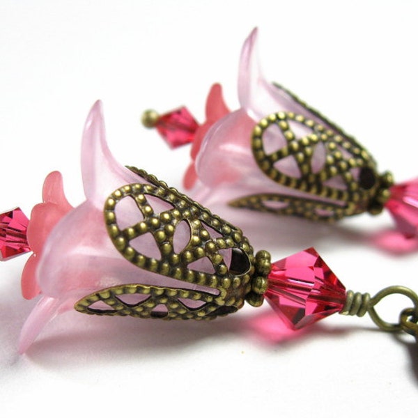 Pink Swarovski Lucite Vintage Style Flower Earrings