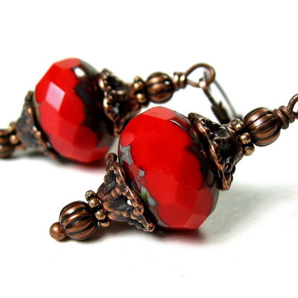 Crimson Red Vintage Style Earrings, Glass Dangle Earrings, Antiqued Copper, Picasso Czech Glass, Jewellery, Victorian Style, Mothers Day