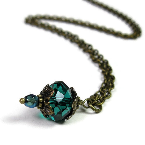 Blue Green Teal Czech Glass and Antiqued Brass Vintage Style Necklace, Cyan Minimalist Necklace, Handmade Jewelry Gift Ideas, jewelrybyNaLa