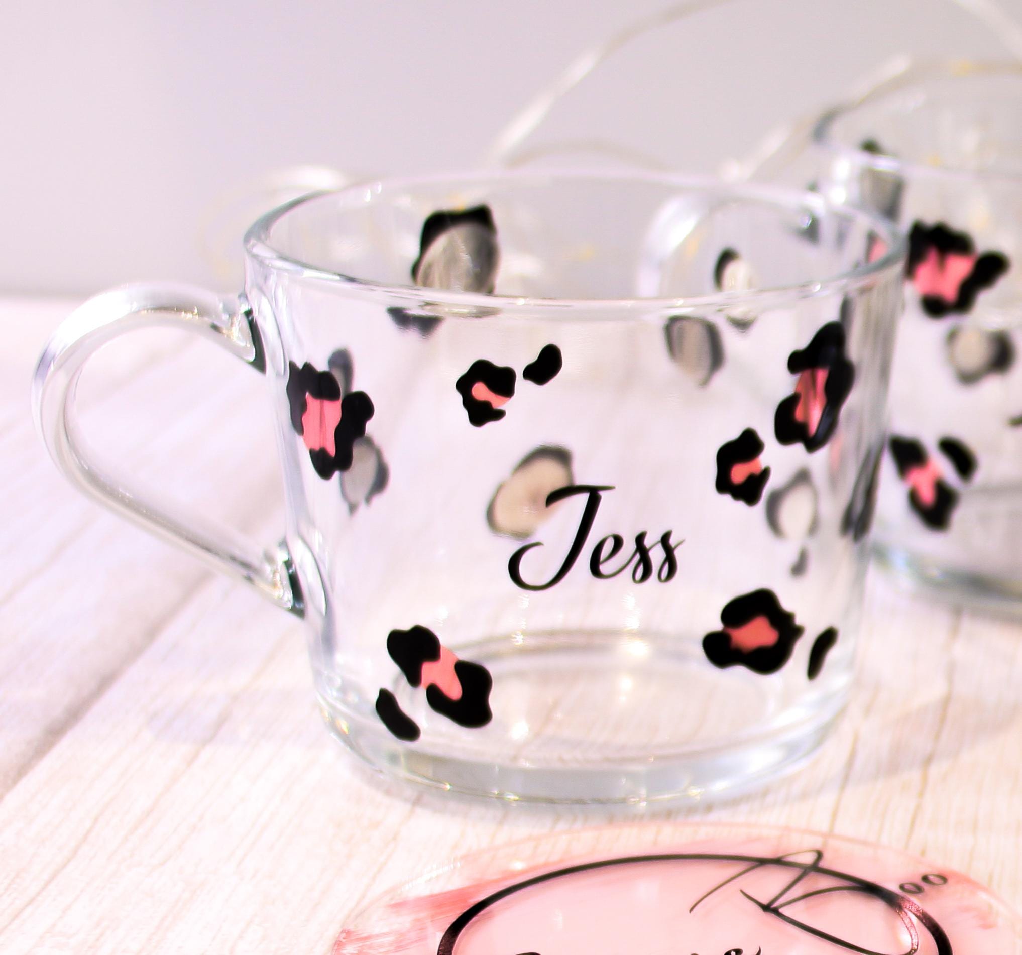 Personalised Leopard Print Glass Mug - Custom Name Glass Cup for Gifts or Special Occasions
