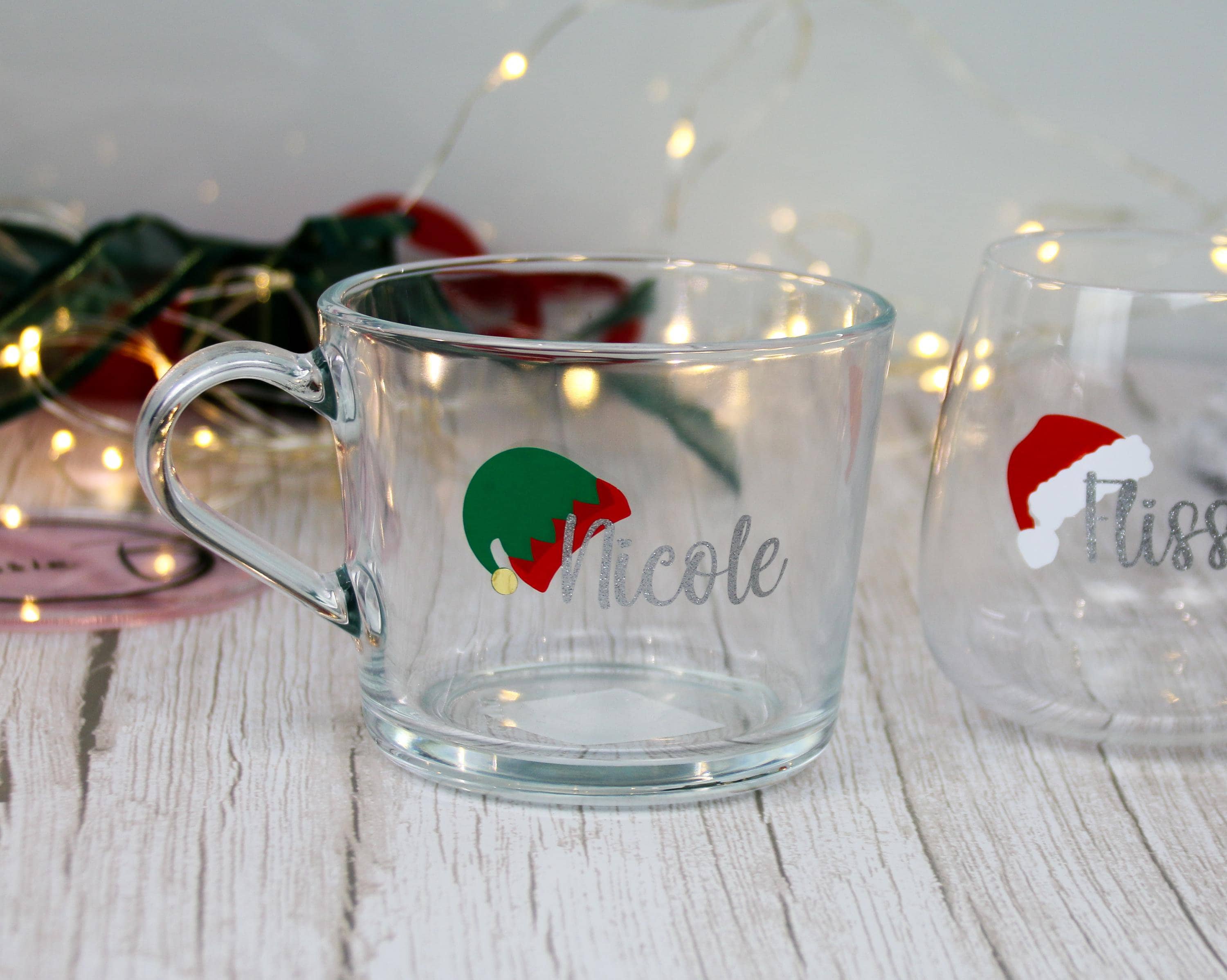 Personalised Christmas Glass Mug - Elf Hat Design - Custom Holiday Mug with Name