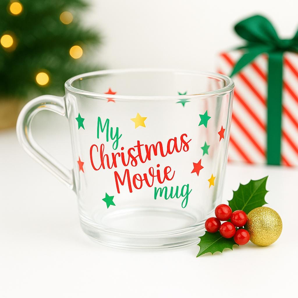 My Christmas Movie Mug - Festive Glass Mug with Colorful Star Design