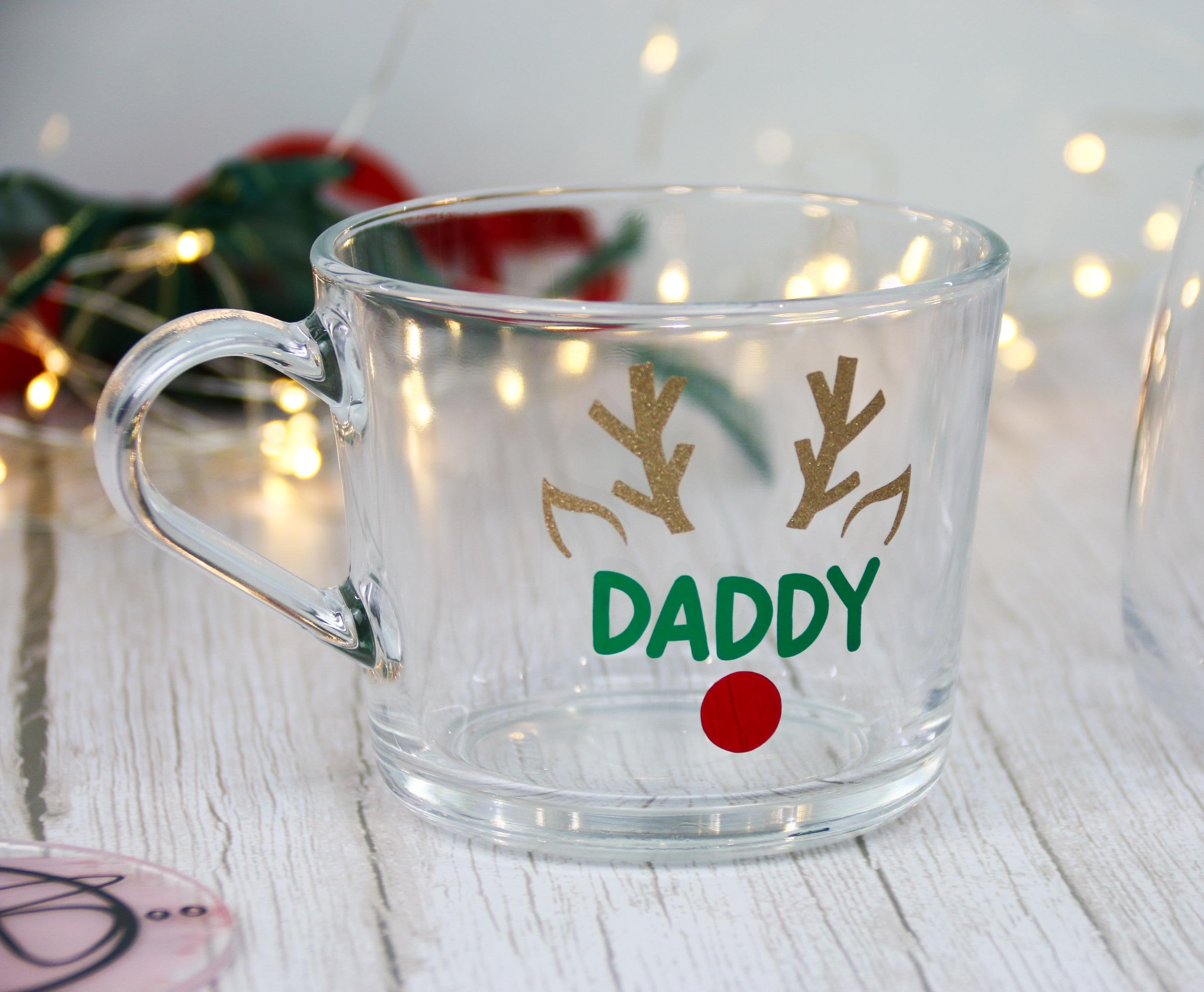 Personalised Christmas Glass Mug - Reindeer Antlers with Name - Holiday Coffee Cup