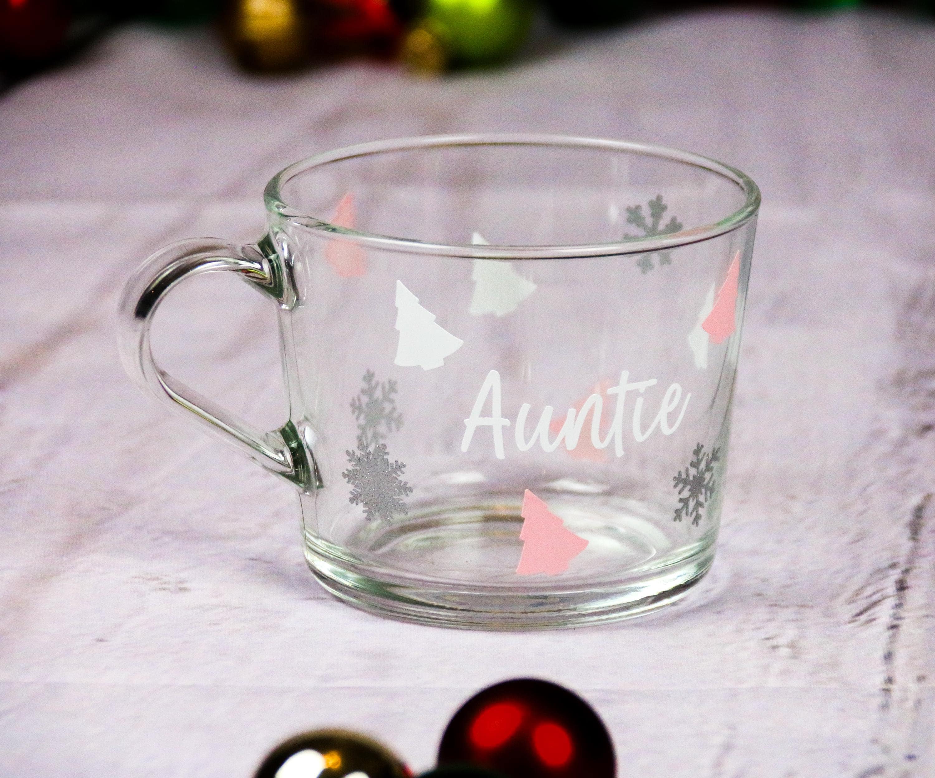 Personalised Christmas Glass Mug - Custom Name with Festive Trees and Snowflakes