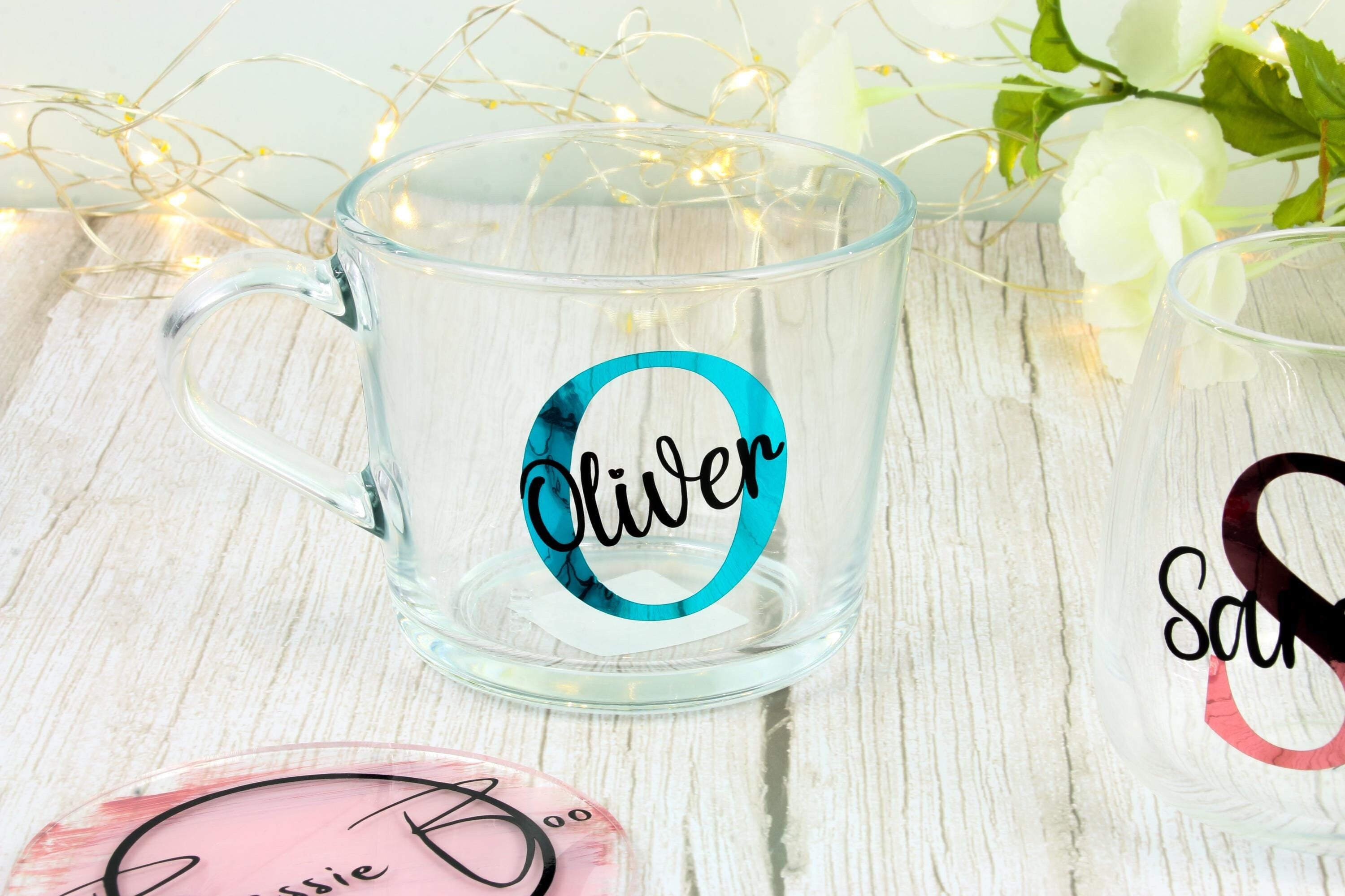 Personalised Glass Mug with Initial and Name - Custom Coffee Mug Gift
