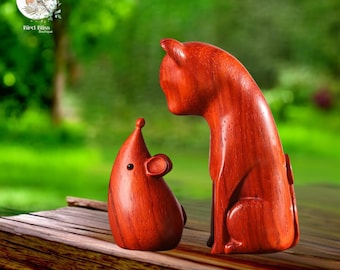 Handcrafted Wooden Cat and Mouse Figurine Set, Nordic Minimalist Decor