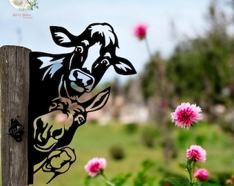 Iron Cow and Donkey Fence Ornament, Metal Garden Art