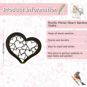 May include: A rustic metal heart garden stake. The dark brown heart-shaped decoration is 11.8 inches (30 cm) wide and features a cut-out design of smaller hearts. The product information includes the text "Rustic Metal Heart Garden Stake."