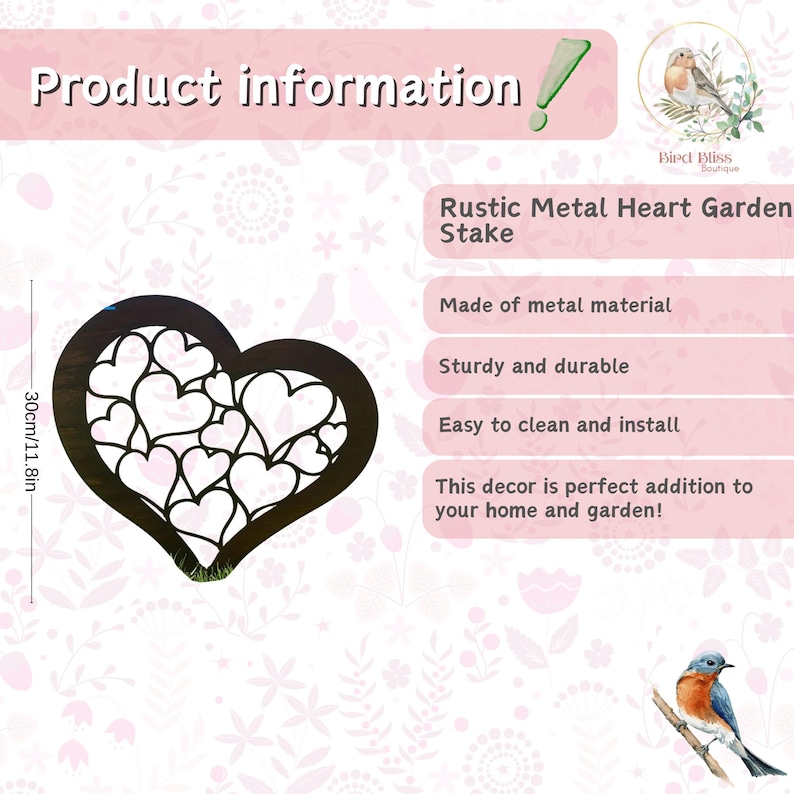 May include: A rustic metal heart garden stake. The dark brown heart-shaped decoration is 11.8 inches (30 cm) wide and features a cut-out design of smaller hearts. The product information includes the text "Rustic Metal Heart Garden Stake."