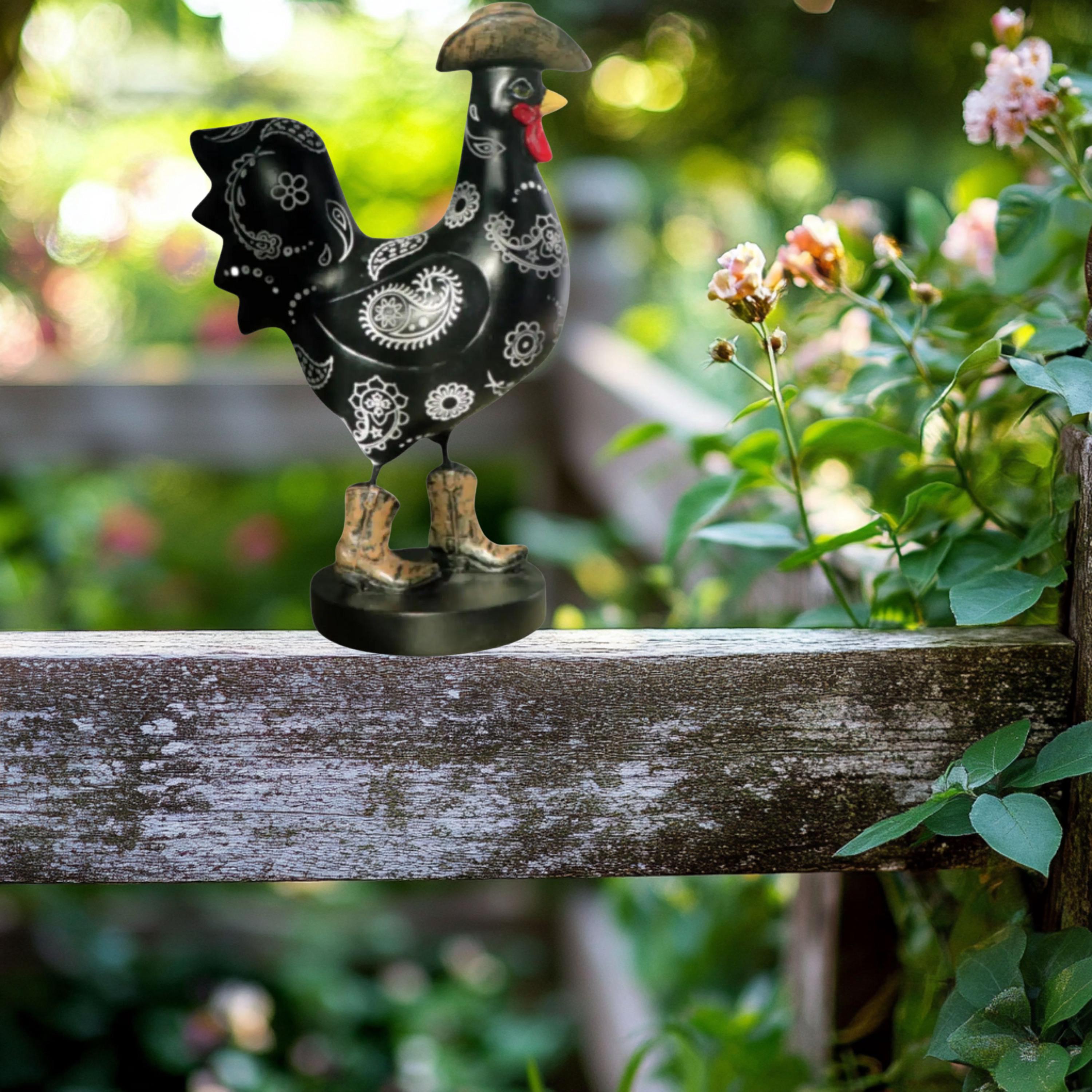 Hand-painted Resin Rooster Statue, Cowboy Boots and Hat, Garden