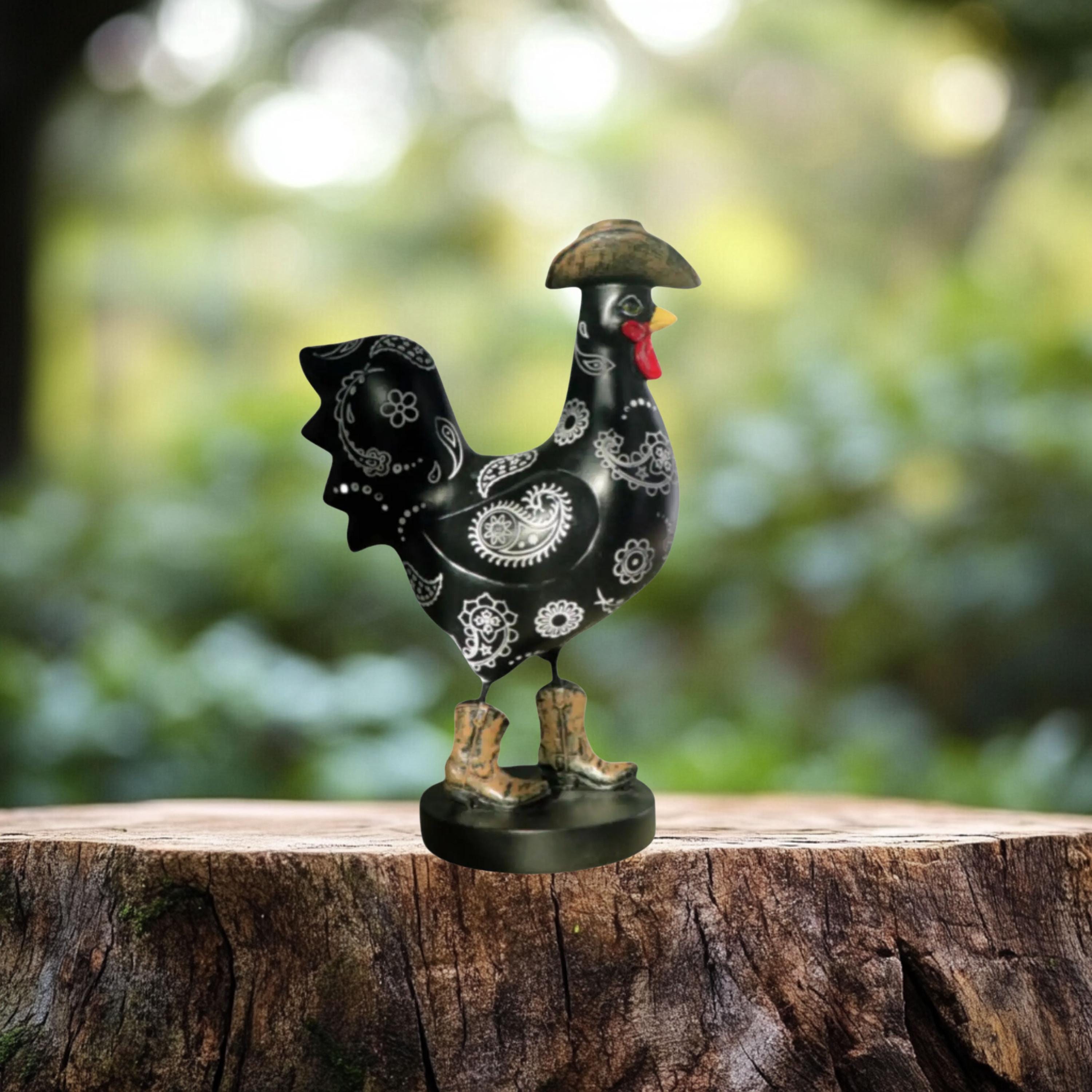 Hand-painted Resin Rooster Statue, Cowboy Boots and Hat, Garden