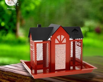 Rot Metall-Vogelfutterhaus, hängendes Vogelfutterhaus im Freien mit Fächern, Futterhaus mit großer Kapazität für Garten oder Balkon
