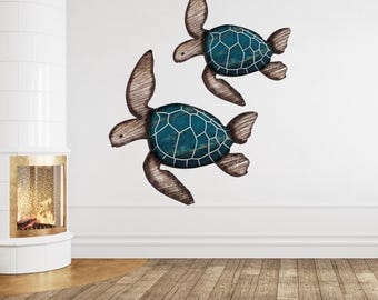 Conjunto de decoración de pared de tortugas marinas de madera, arte rústico costero de playa.