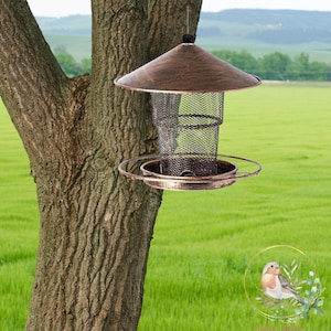 May include: A bronze-colored bird feeder with a mesh cage and a circular tray. The feeder has a conical roof and is suspended from a tree branch. The background features a green field and a distant treeline, suggesting an outdoor setting.